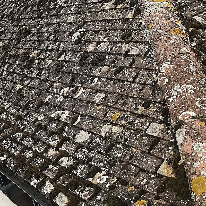 Roof before replacement - worn and damaged tiles